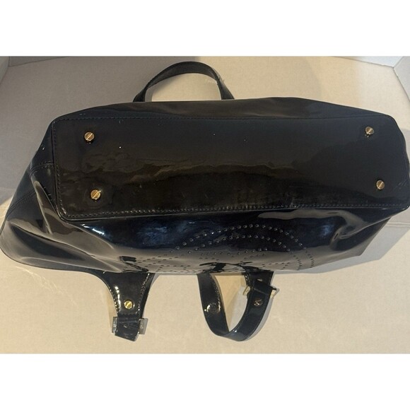 Auth. Tory Burch Bombe Tote Patent Leather Big Perforated Logo Navy Blue - Picture 4 of 10